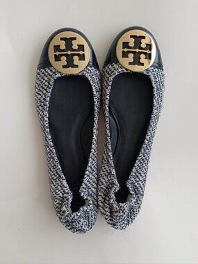 Tory Burch Tweed Cap Toe Ballet Flats Navy Blue Ivory Gold Logo Women's Size 11M